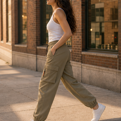 Khaki Cargo Trousers | Relaxed Fit Stretch Utility Pants - Women's Wide Leg with Pockets features
