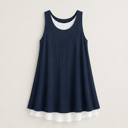 Grey Layered Hem Swing Dress | Sleeveless Linen-Blend Mock Two-Piece - A-Line with Pockets Navy