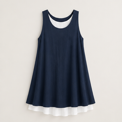 Grey Layered Hem Swing Dress | Sleeveless Linen-Blend Mock Two-Piece - A-Line with Pockets Navy