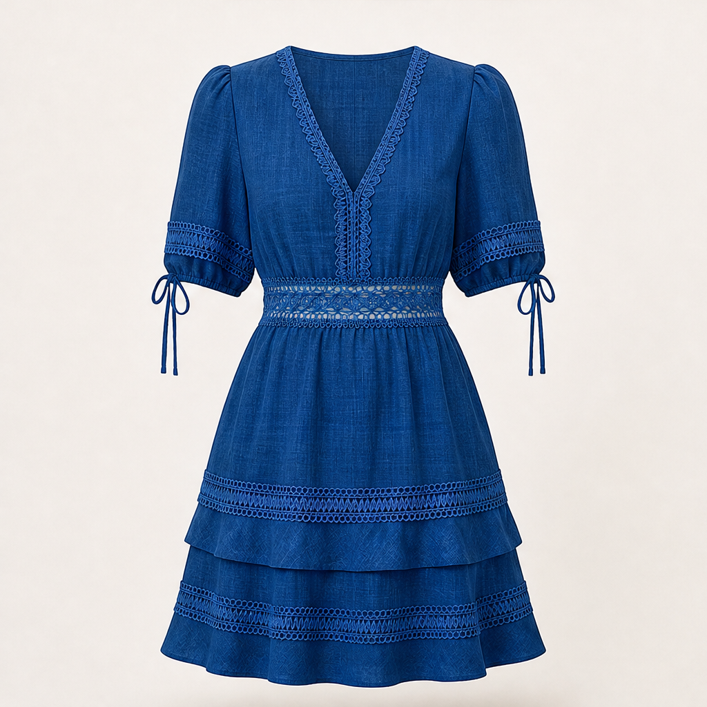 Marisol Women's V-Neck Lace Trim Puff Sleeve Tiered Ruffle Linen-Look Dress Blue