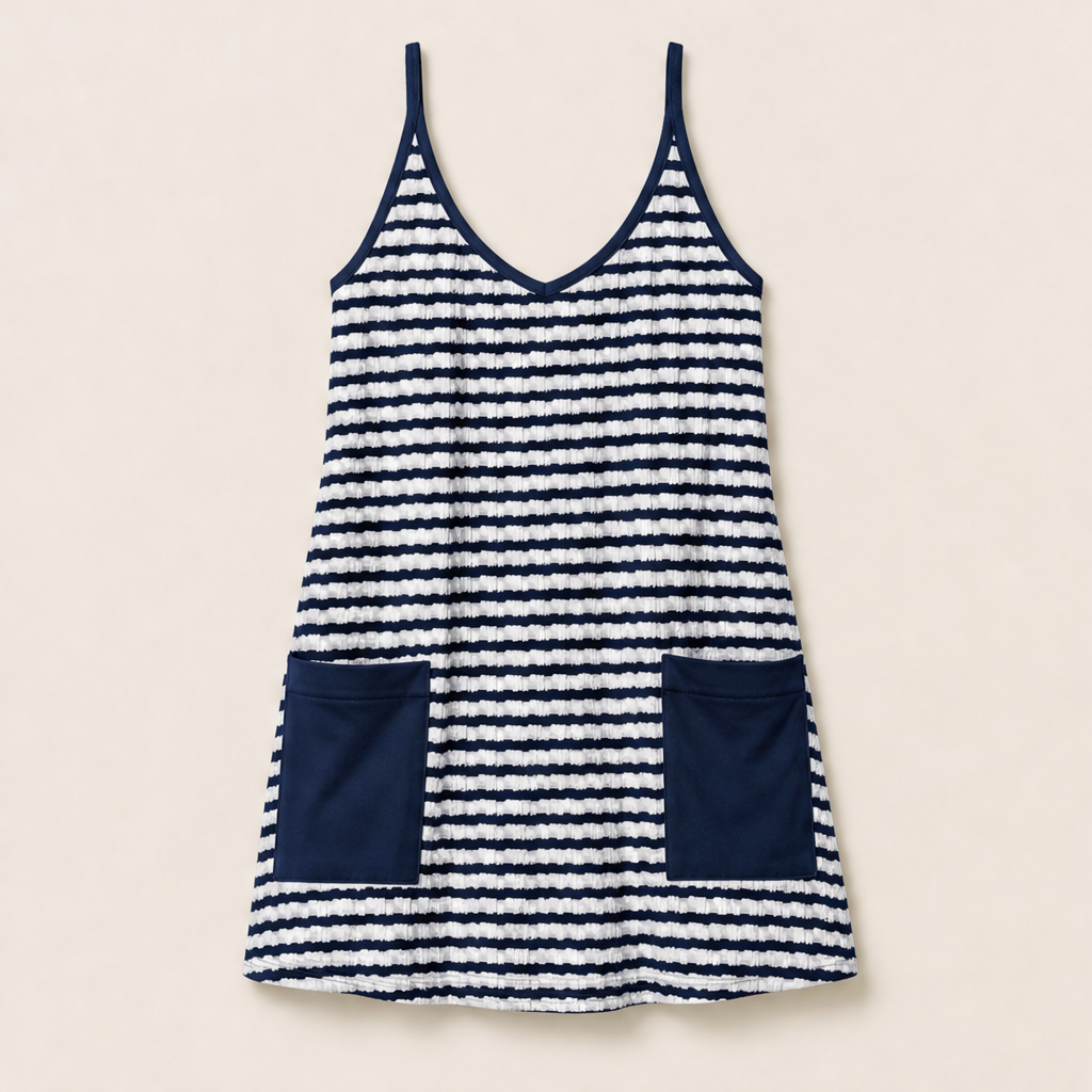 Brown Stripe Mini Romper Dress | Built-In Shorts Sundress - Textured Cami Style with Pockets Navy Stripe