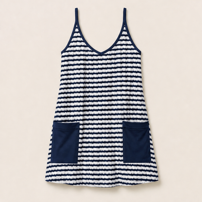 Brown Stripe Mini Romper Dress | Built-In Shorts Sundress - Textured Cami Style with Pockets Navy Stripe