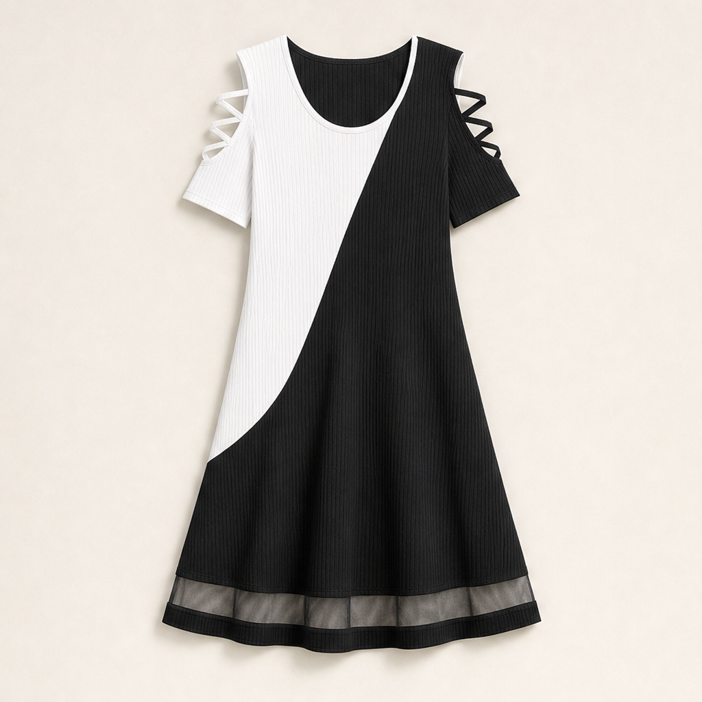 Black Colour Block Midi Dress | Round Neck Ribbed Knit with Cold Shoulder - Sheer Mesh Hem Black/White
