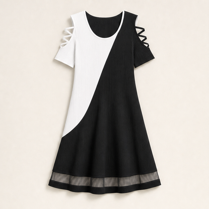 Black Colour Block Midi Dress | Round Neck Ribbed Knit with Cold Shoulder - Sheer Mesh Hem Black/White