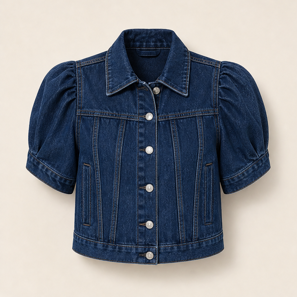 Light Blue Denim Crop Jacket | Vintage Bubble Sleeve Slim Fit - Cropped Jean Jacket for Women Indigo