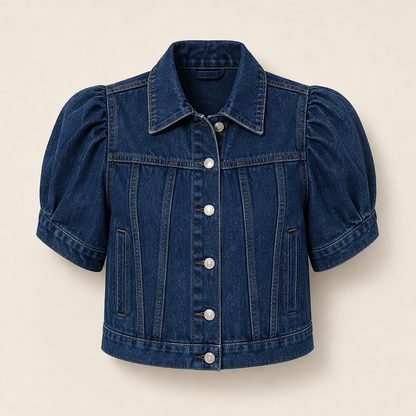 Light Blue Denim Crop Jacket | Vintage Bubble Sleeve Slim Fit - Cropped Jean Jacket for Women Indigo