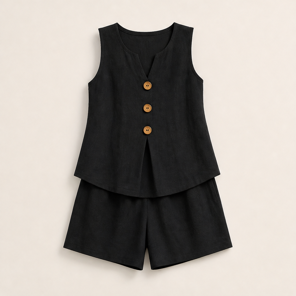 Beige Linen Two-Piece Shorts Set | Sleeveless Button Top & Shorts - Women's Summer Matching Set Black