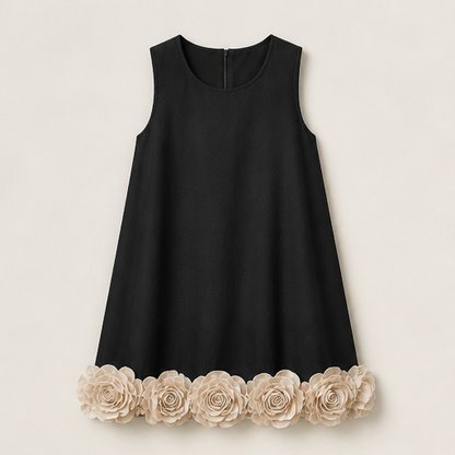 Black 3D Flower Mini Dress | Sleeveless Loose A-Line - Floral Appliqué Hem Black