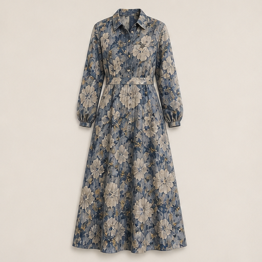 Blue Floral Maxi Dress | Vintage Oil Painting Print Shirt Dress - Long Sleeve Straight Cut with Side Pockets Blue Floral