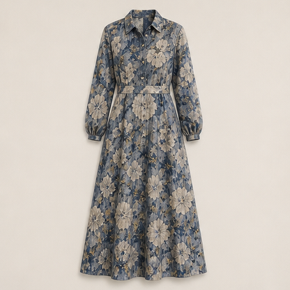 Blue Floral Maxi Dress | Vintage Oil Painting Print Shirt Dress - Long Sleeve Straight Cut with Side Pockets Blue Floral