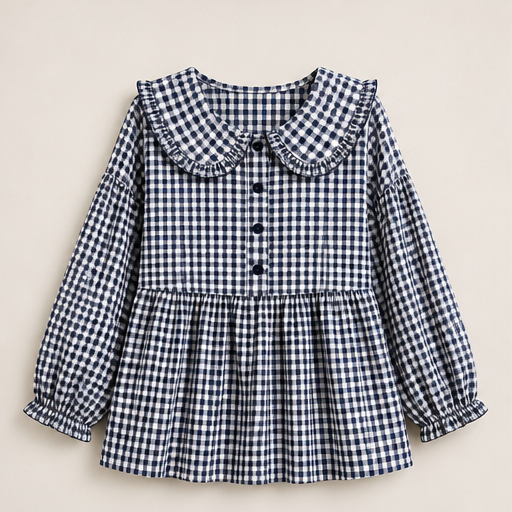 Red Gingham Top | Ruffled Peter Pan Collar Blouse - Puff Sleeve Casual Shirt for Women Navy Gingham