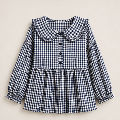 Red Gingham Top | Ruffled Peter Pan Collar Blouse - Puff Sleeve Casual Shirt for Women Navy Gingham