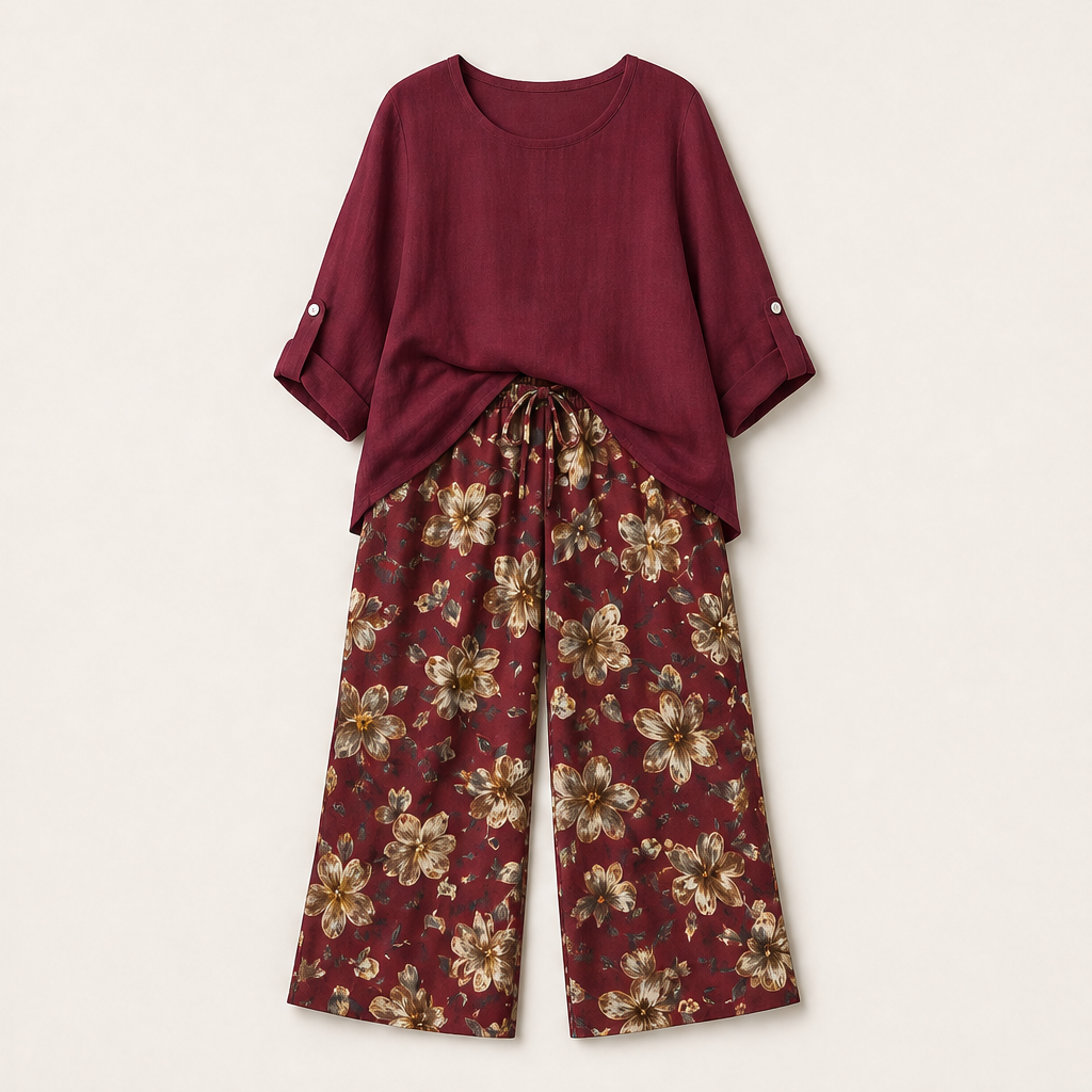 Marisol Women's Boho Two-Piece Cotton Linen Top & Wide-Leg Trouser Set - Floral Print Roll-Sleeve Blouse & Palazzo Trousers Burgundy