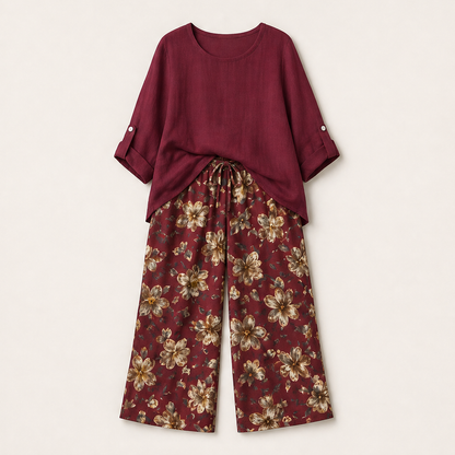 Marisol Women's Boho Two-Piece Cotton Linen Top & Wide-Leg Trouser Set - Floral Print Roll-Sleeve Blouse & Palazzo Trousers Burgundy