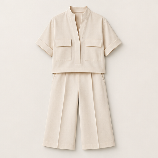 White Tailored Two-Piece Set | Short Sleeve Top & Wide-Leg Culottes - Smart Casual Matching Set Beige