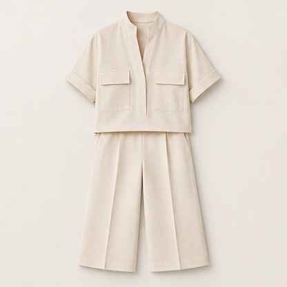 White Tailored Two-Piece Set | Short Sleeve Top & Wide-Leg Culottes - Smart Casual Matching Set Beige