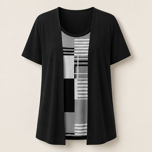 Black Fake Two Piece Top | Colour-Block Layered Look Blouse - Short Sleeve Cardigan Style Black