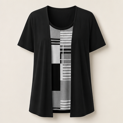 Black Fake Two Piece Top | Colour-Block Layered Look Blouse - Short Sleeve Cardigan Style Black