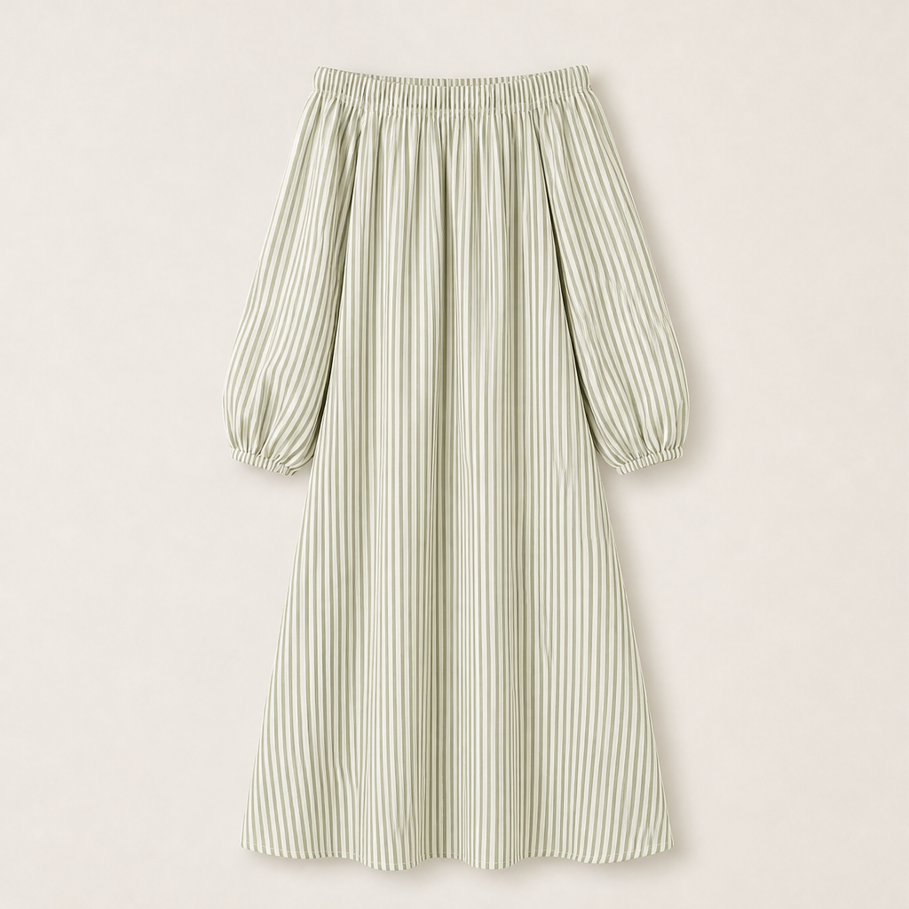 Beige Stripe Off Shoulder Maxi Dress | Lantern Sleeve Boho Dress - Relaxed Fit with Side Pockets Sage Stripe