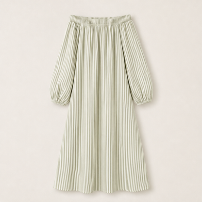 Beige Stripe Off Shoulder Maxi Dress | Lantern Sleeve Boho Dress - Relaxed Fit with Side Pockets Sage Stripe