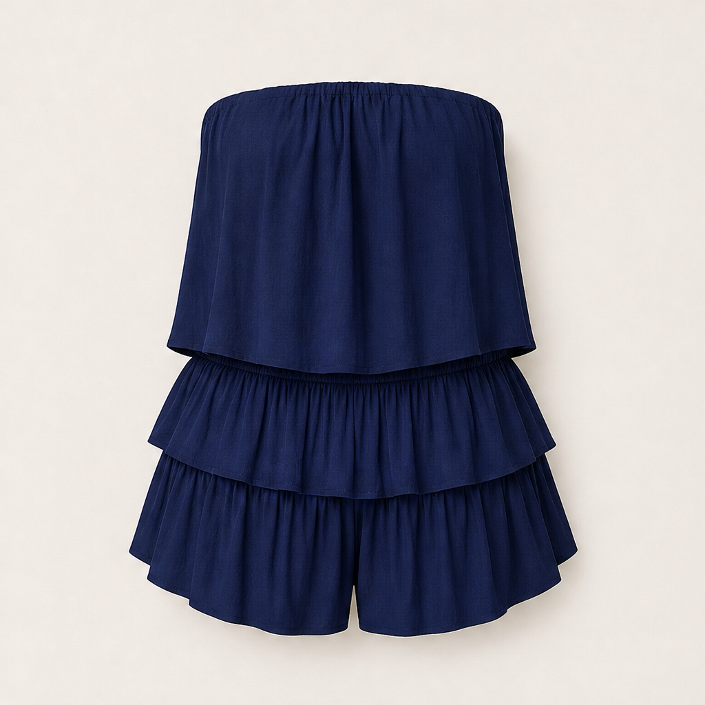 Marisol Women's Off-The-Shoulder Smocked Romper - Strapless Tiered Ruffle Playsuit Navy