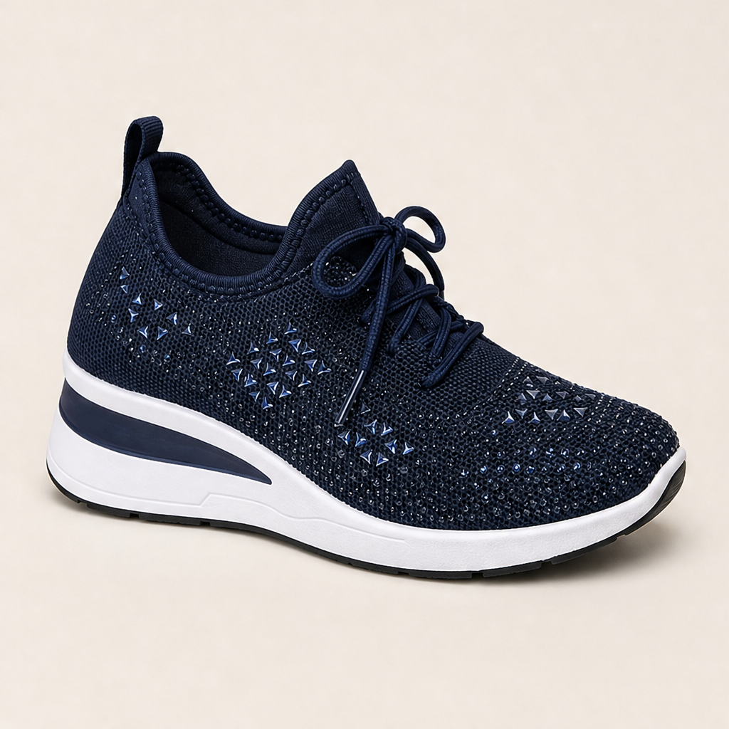 Navy Rhinestone Mesh Sneakers | Wedge Trainers with Sparkle - Breathable Lace-Up Shoes Navy