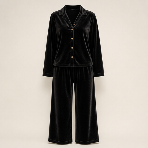 Black Velvet Loungeset | Two-Piece Shirt & Wide Leg Trouser Set for Women Black