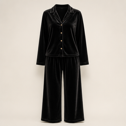 Black Velvet Loungeset | Two-Piece Shirt & Wide Leg Trouser Set for Women Black