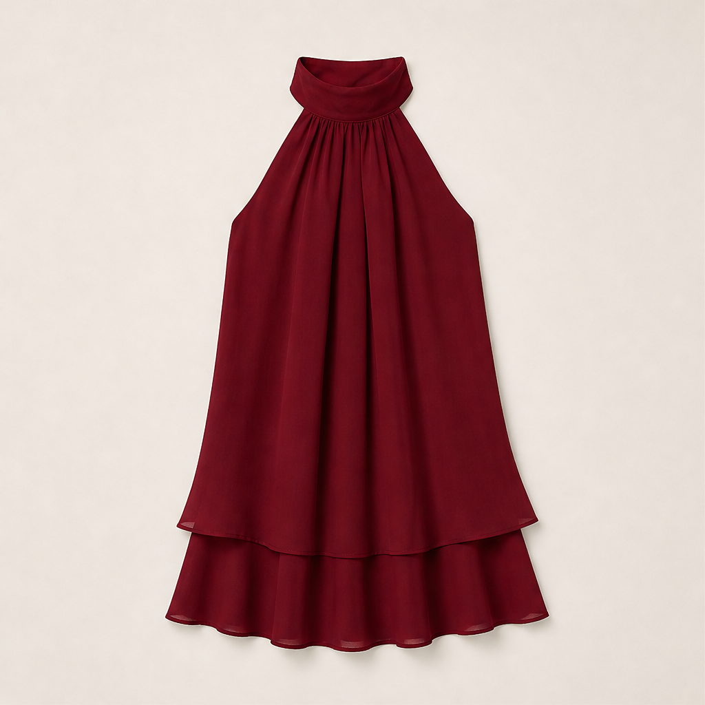 Marisol Women's Flowy Halter Drop-Waist Mini Dress - Backless Tiered Chiffon Summer Dress Burgundy
