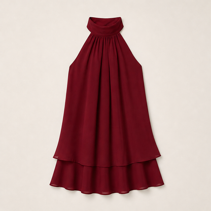 Marisol Women's Flowy Halter Drop-Waist Mini Dress - Backless Tiered Chiffon Summer Dress Burgundy