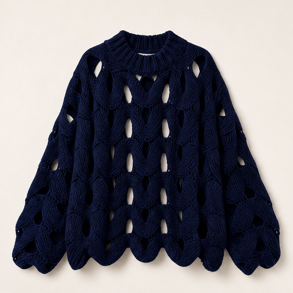 Black Cable Knit Jumper | Boho Hollow Out Balloon Sleeve Sweater - Oversized Spring Autumn Layer Navy