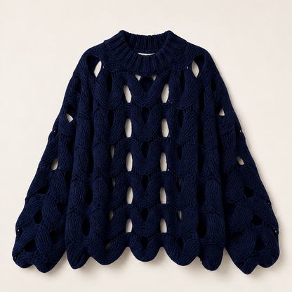 Black Cable Knit Jumper | Boho Hollow Out Balloon Sleeve Sweater - Oversized Spring Autumn Layer Navy