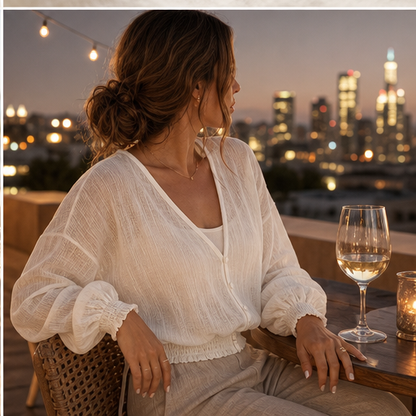 White Sheer Sun Protection Shirt | Lightweight V-Neck Cover-Up - Lantern Sleeve Cropped Jacket features