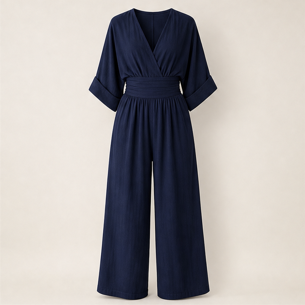 Light Blue V-Neck Jumpsuit | Wide-Leg Linen-Blend Playsuit - Wrap Waist Casual Wear Navy