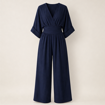 Light Blue V-Neck Jumpsuit | Wide-Leg Linen-Blend Playsuit - Wrap Waist Casual Wear Navy