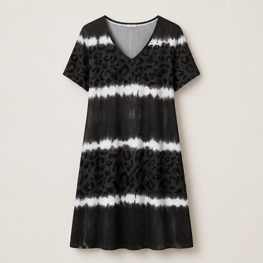 Blue Tie-Dye Leopard Print V-Neck Dress | Casual Shift Dress for Women - Short Sleeve Midi Black
