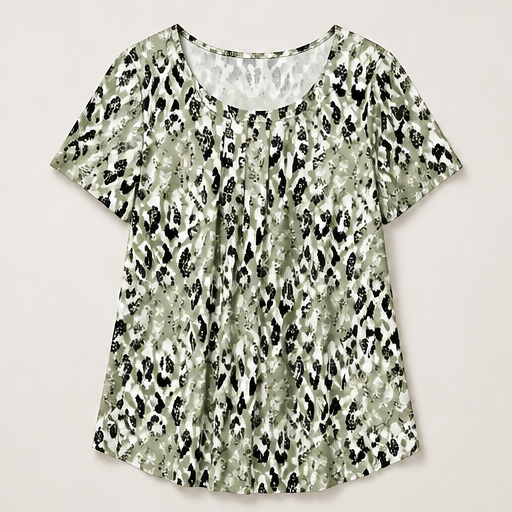 Sage Green Printed Top | Casual Leopard Print Short Sleeve Blouse - Round Neck Pleated Tunic Sage Green