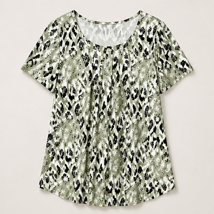 Sage Green Printed Top | Casual Leopard Print Short Sleeve Blouse - Round Neck Pleated Tunic Sage Green