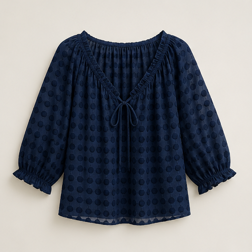 Beige Print Polka Dot Blouse | Lace-Up V-Neck Top - 3/4 Sleeve Boho Style Navy