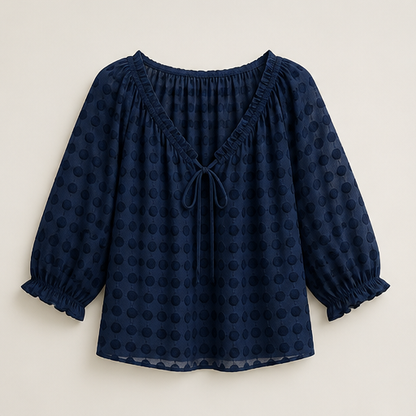 Beige Print Polka Dot Blouse | Lace-Up V-Neck Top - 3/4 Sleeve Boho Style Navy