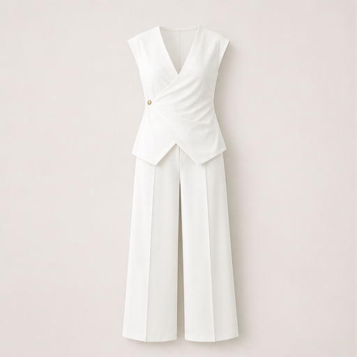 White Wrap Top Two-Piece Set | V-Neck Wide Leg Trouser Set for Women - Button Detail White