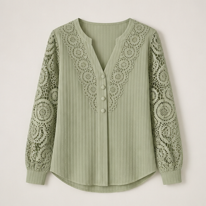Ivory Lace Patchwork Top | Crochet V-Neck Long Sleeve Blouse - Pearl Button Detail Sage