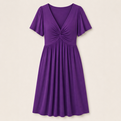 Purple Twist Front V-Neck Dress | Flutter Sleeve Midi with Hidden Pockets - Flowy Fit Purple