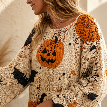 Black Pumpkin Print Sweater | Halloween Crochet Cutout Knit Top - Oversized Long Sleeve for Women features