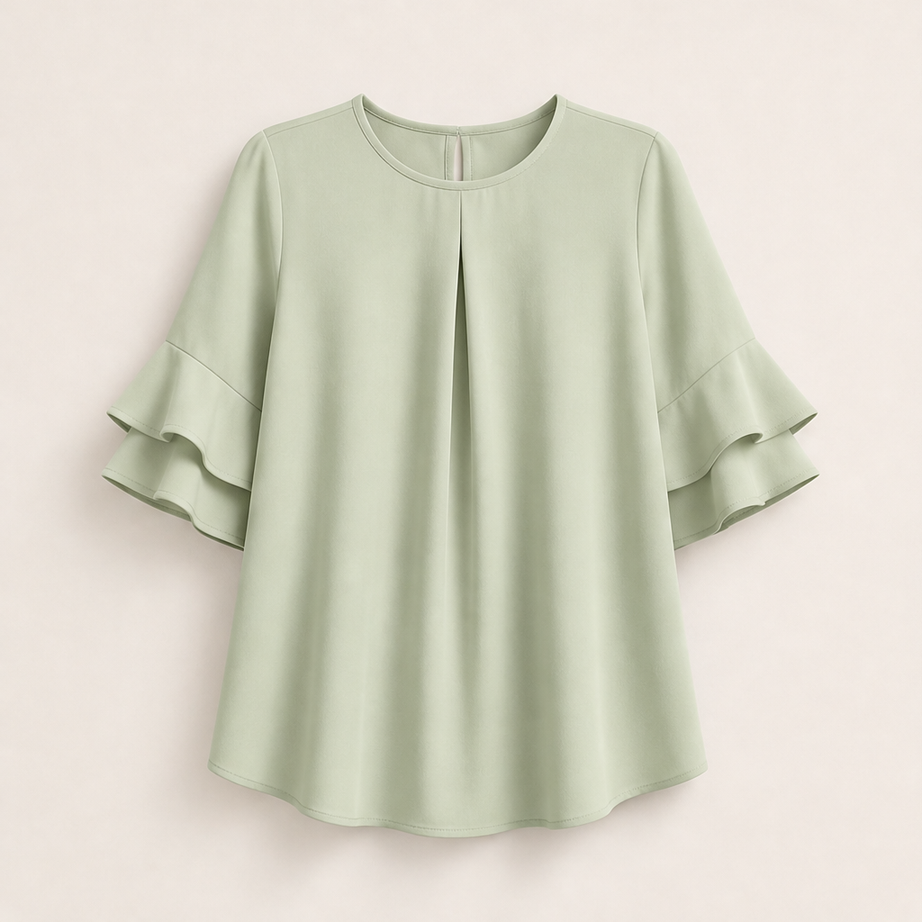 Light Blue Ruffle Sleeve Blouse | Tiered Bell Sleeve Top for Women - Round Neck with Front Pleat Sage Green