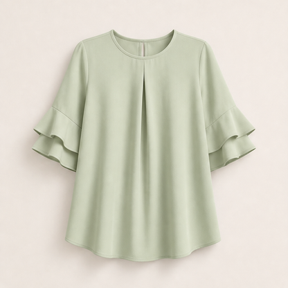Light Blue Ruffle Sleeve Blouse | Tiered Bell Sleeve Top for Women - Round Neck with Front Pleat Sage Green