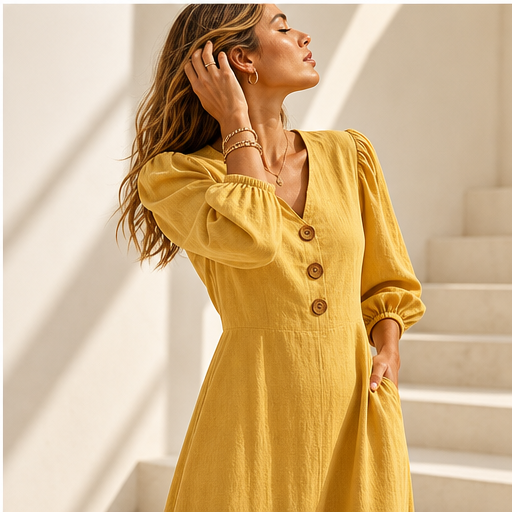 Mustard V-Neck Maxi Dress | Casual Puff Sleeve Long Dress - Linen-Blend with Pockets features