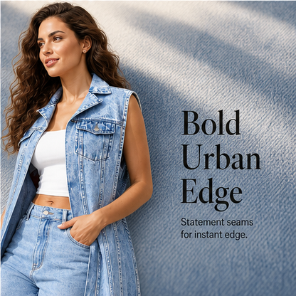 Light Wash Denim Vest Dress | Sleeveless Longline Jean Jacket - High Slit Midi features