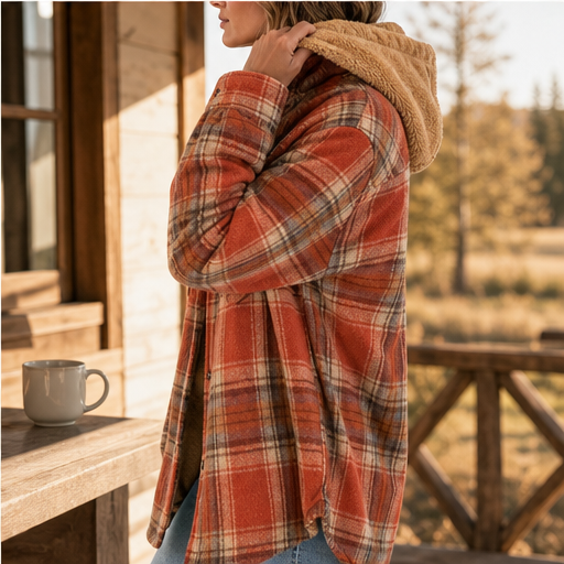 Rust Plaid Flannel Shacket | Hooded Sherpa-Lined Jacket for Women - Thick Checked Coat features