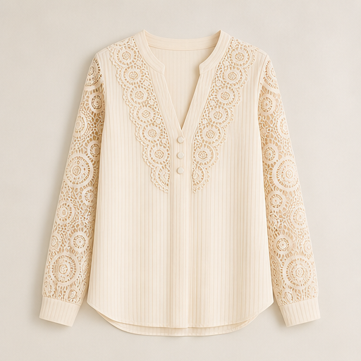 Cream Lace V-Neck Top | Crochet Sleeve Blouse for Women - Long Sleeve Pintuck Top Cream